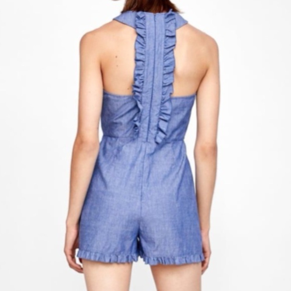 NWT ZARA Denim Ruffle Playsuit Romper Mini Crew Chambray Light Blue Cotton Linen - Picture 3 of 7